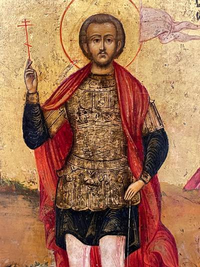 Икона Св. Мученик Иоанн Воин. Икона Св. Мученик Иоанн Воин с житийными сценами. Центральная Россия, 18-19 век.