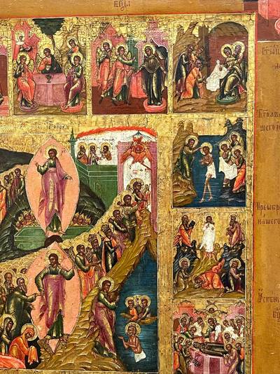 Икона "Двунадесятые Праздники с евангелистами". Палех, XIX век