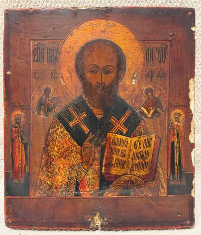 Икона Святой Николай Чудотворец с предстоящими. Россия, XIX век, Владимирские иконописные села