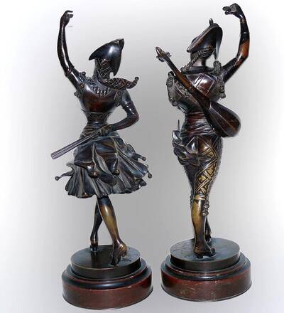 Парные скульптуры «Коломбина и Арлекин» Lafon Mollo. Западная Европа, 1920-1930-е годы, бронза