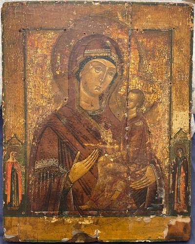 Икона "Богоматерь Тихвинская" c предстоящими (Елена и Матрона). Поволжье (Ярославль?), конец XVIII - начало XIX, в окладе