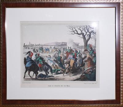 Гравюра "Битва русских с французами под Рейном в 1814 г.". ["Бегство французов за Рейн"]. 1814 год.