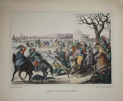 Гравюра "Битва русских с французами под Рейном в 1814 г.". ["Бегство французов за Рейн"]. 1814 год.